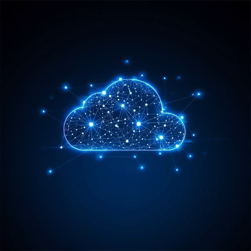 Abstract cloud computing visualization with glowing connected nodes