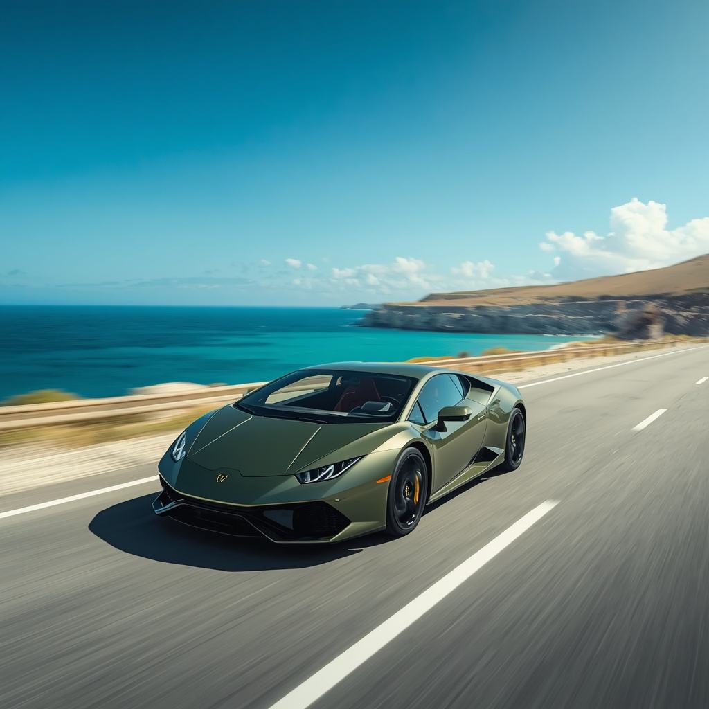 Luxury sports car on a sunny coastal road by the sea