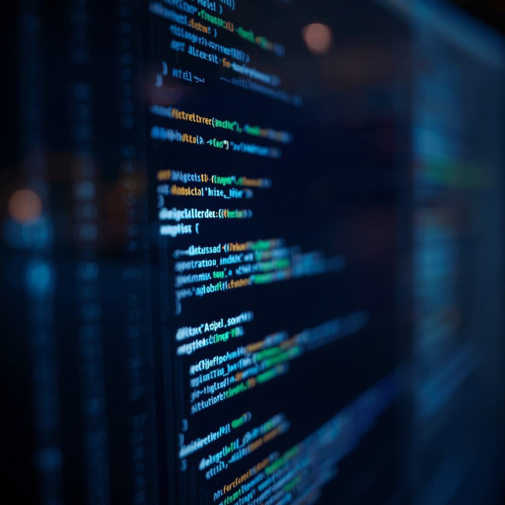 Softly blurred lines of code glowing on a dark monitor