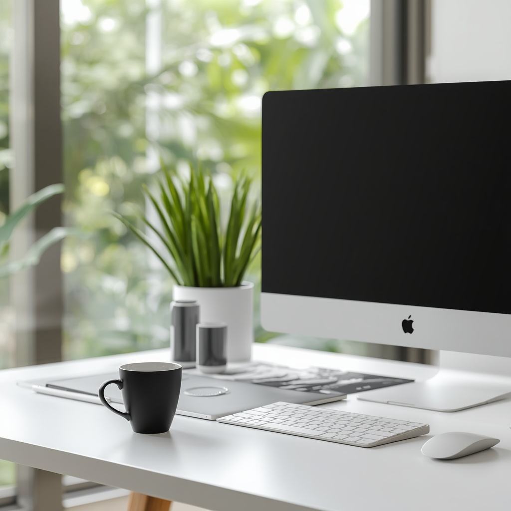 Bright minimalist desk setup with laptop and monitor