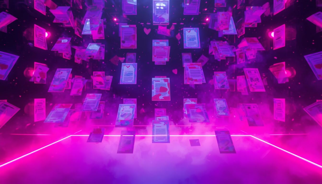 Glowing document cards floating in a row