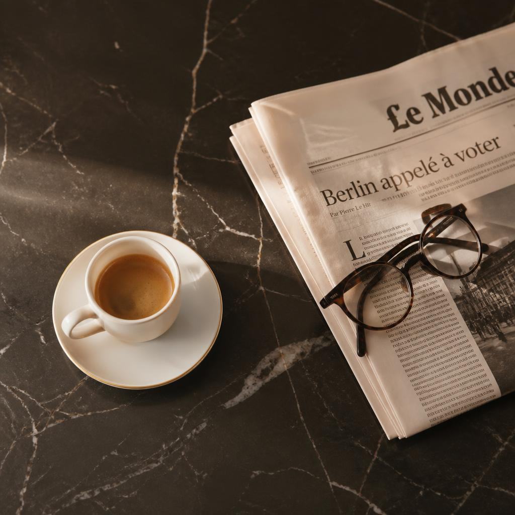 Espressotasse, gefaltete Zeitung und Lesebrille auf dunklem Marmortisch