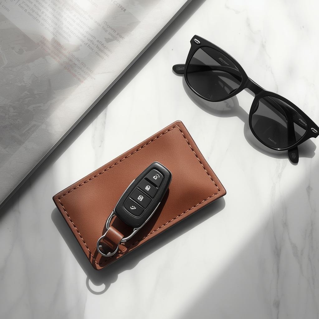 Performance-Autoschlüssel, Lederetui und Sonnenbrille als Flatlay