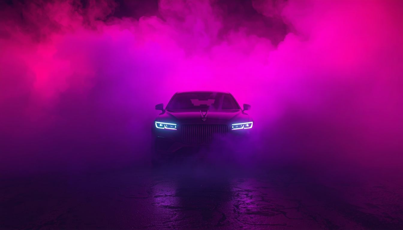 Luxuslimousine taucht aus dichtem magentafarbenem Nebel auf