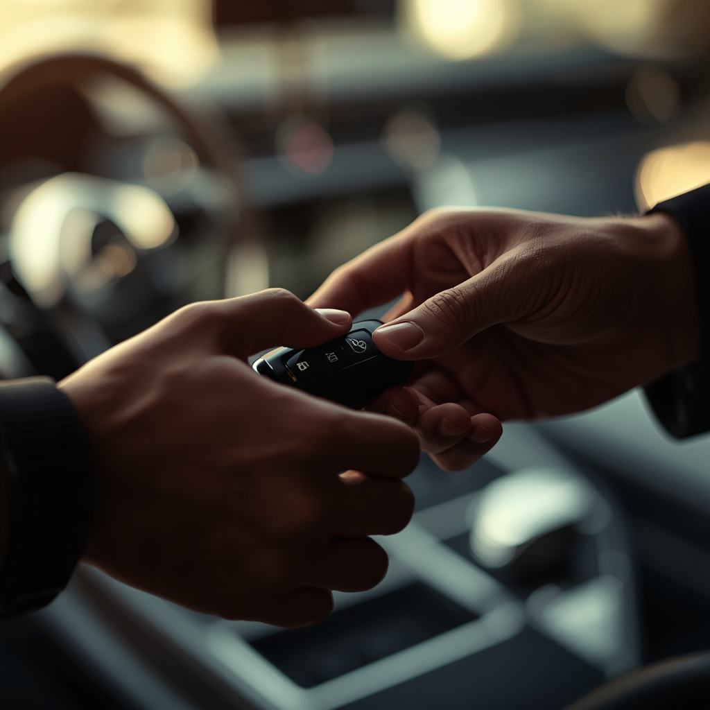 Two hands exchanging a premium car key fob in warm light