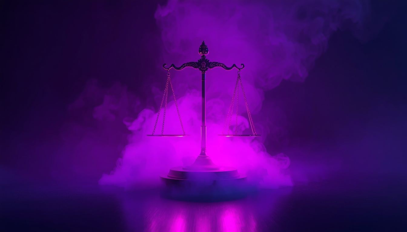 Glowing neon scales of justice in violet and magenta