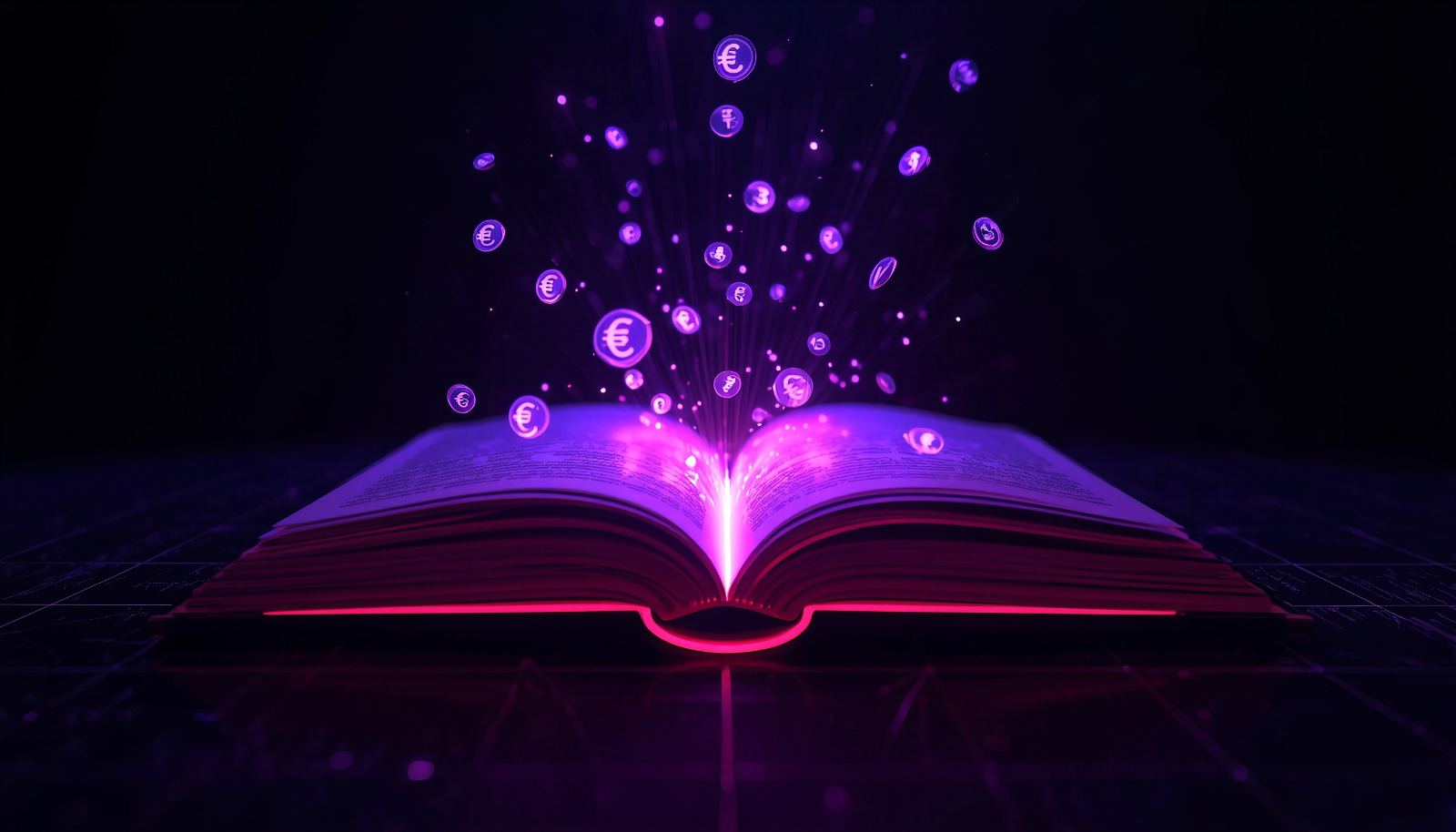 Open book with rising glowing violet particles
