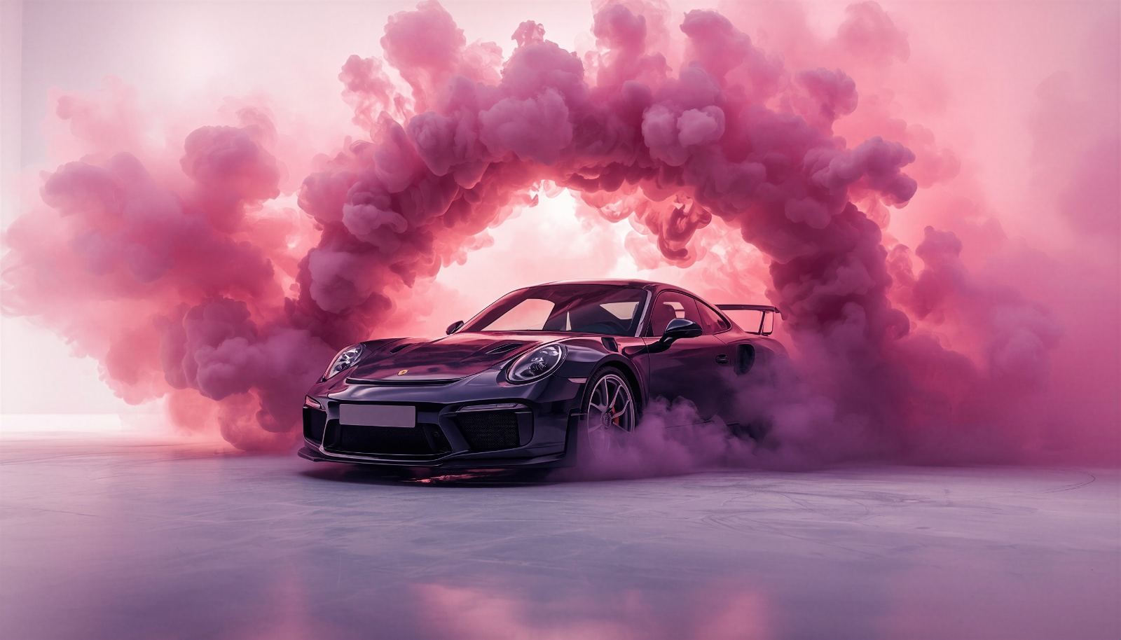 Porsche 911 durchbricht einen Ring aus rosa Rauch in hellem Studio