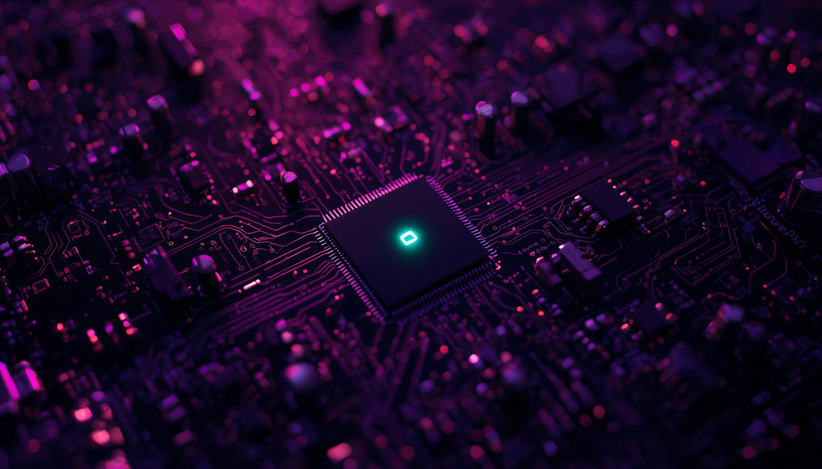Dunkle Leiterplatte mit leuchtendem Chip in Violett