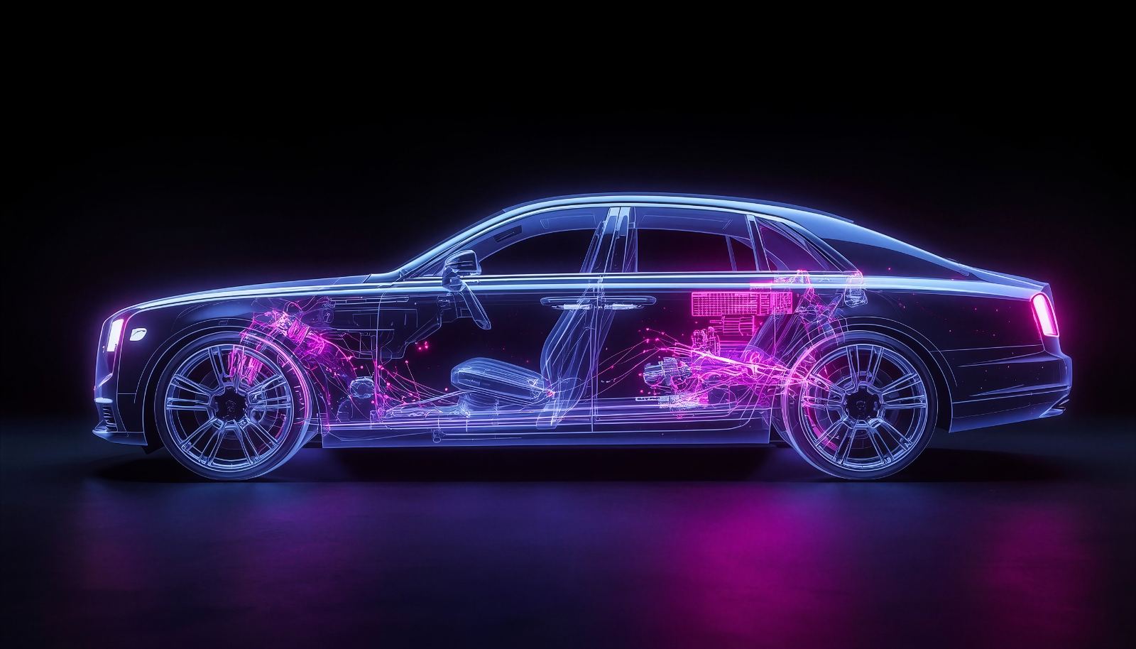 Röntgenansicht einer Luxuslimousine mit leuchtender Technik im Inneren