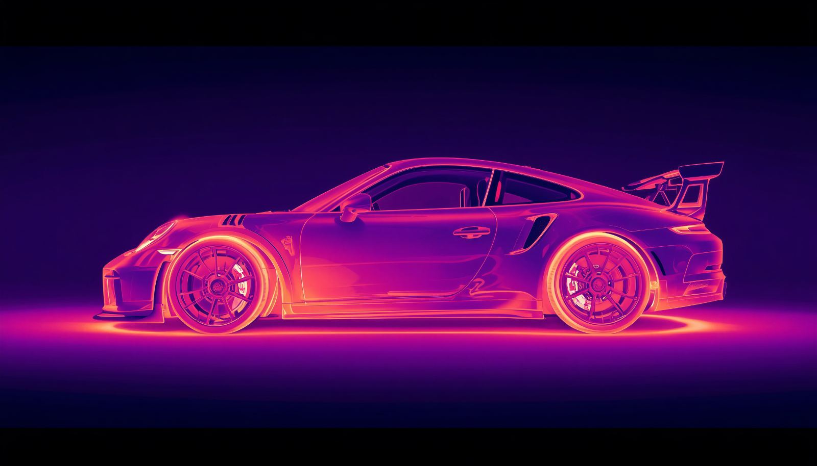 Neon-Silhouette eines Porsche in Orange und Violett auf dunklem Grund