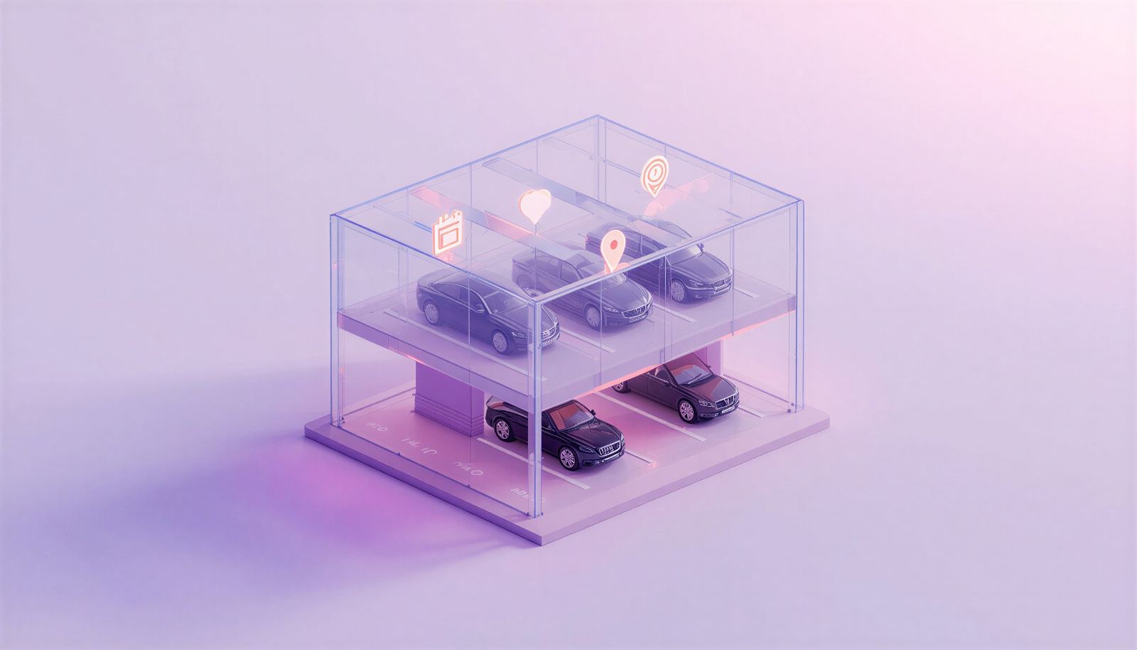 Glass parking garage model with location pins above the vehicles