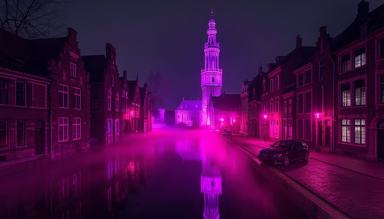 Medieval canals of Bruges at night