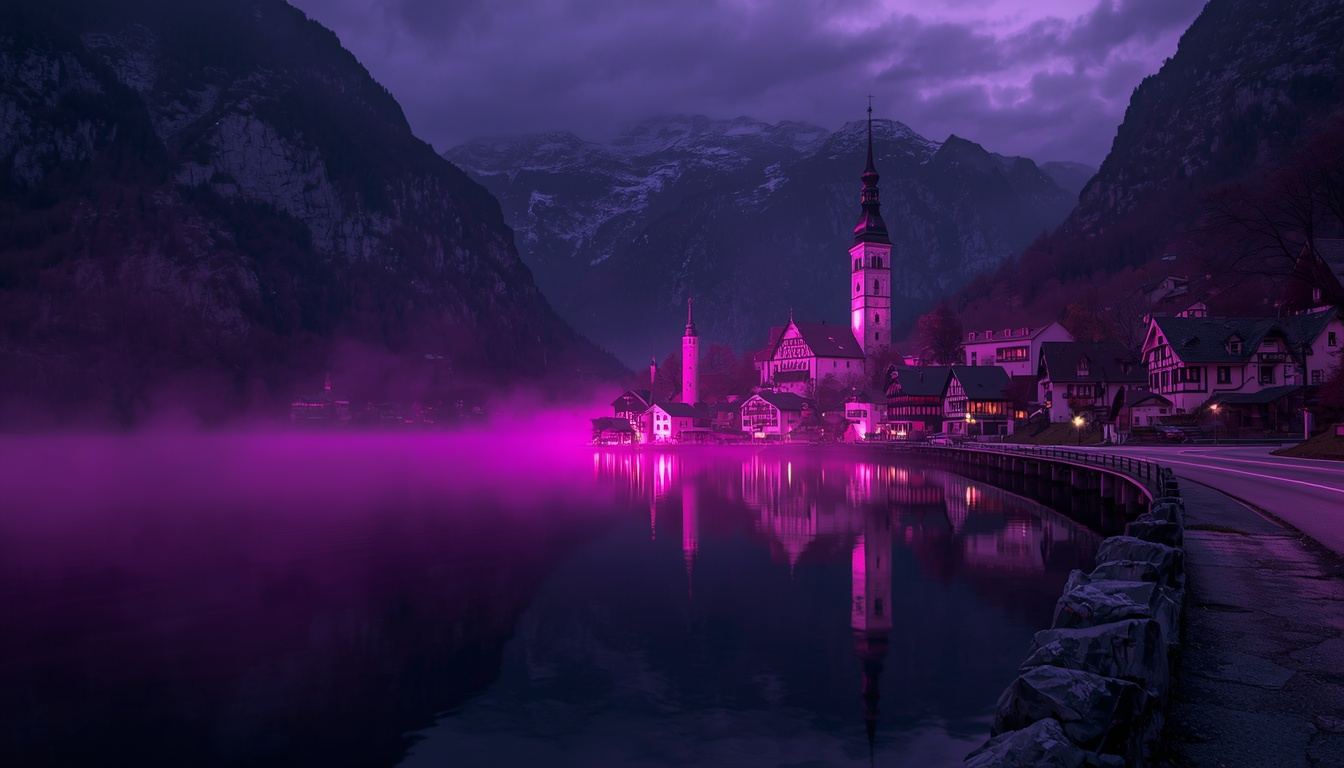 Hallstatt in Austria at night with lakeside church