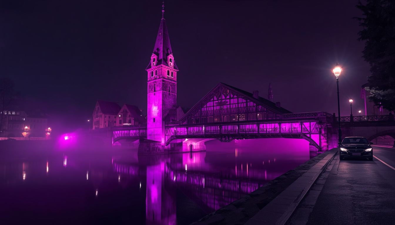 Chapel Bridge with water tower in Lucerne at night