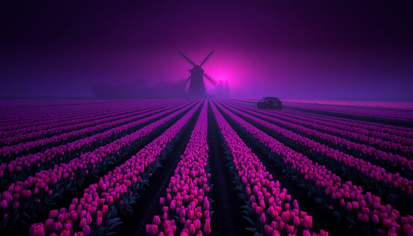 Tulip fields with a windmill in the Netherlands at night