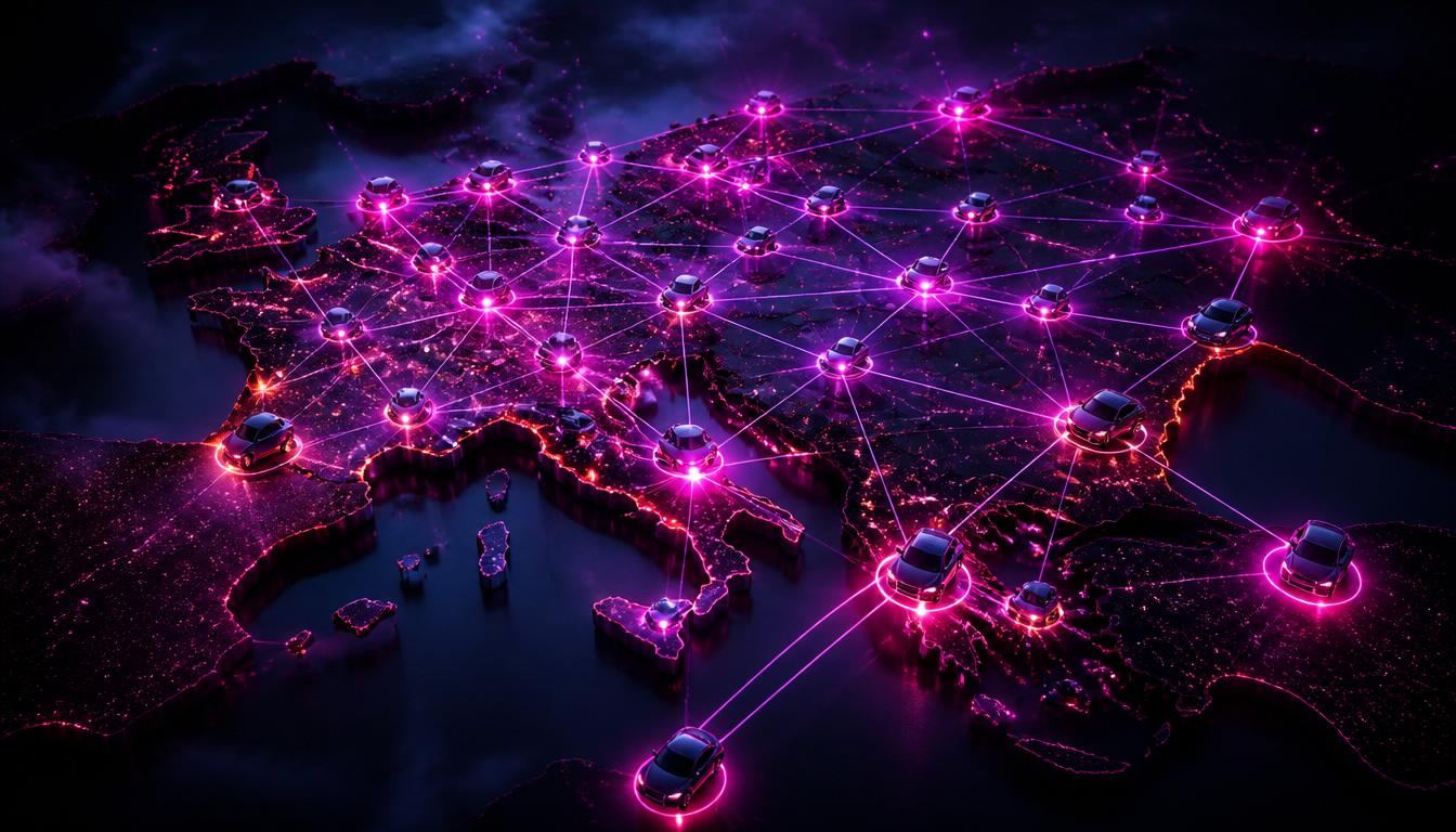 Dark stylized map with a glowing web of connected vehicle icons