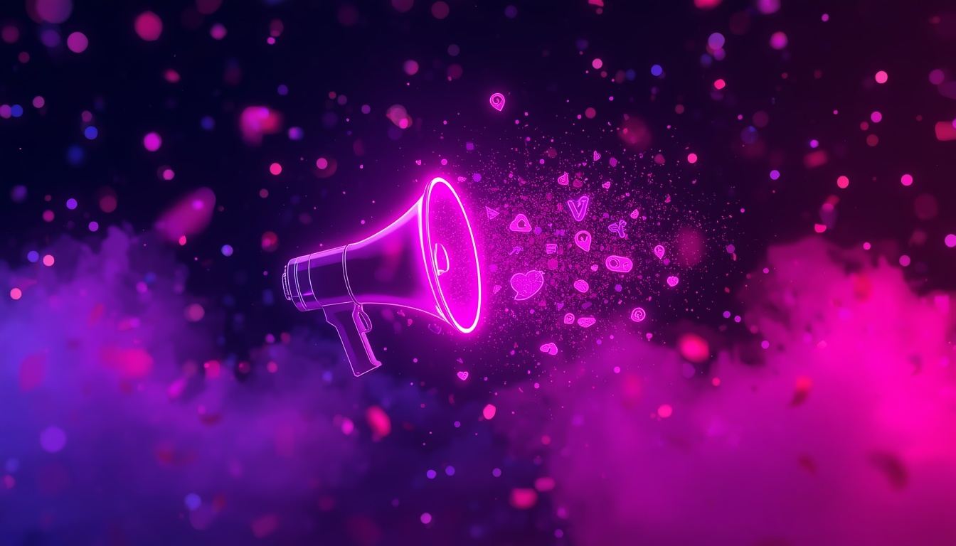 Leuchtendes Neon-Megafon mit schwebender Trophäe und Social-Media-Symbolen