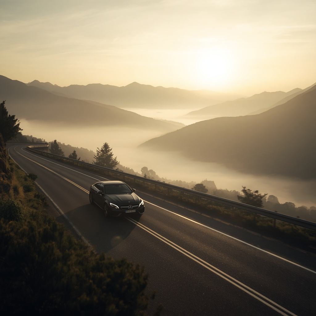 Sports car on a winding mountain road in golden morning light