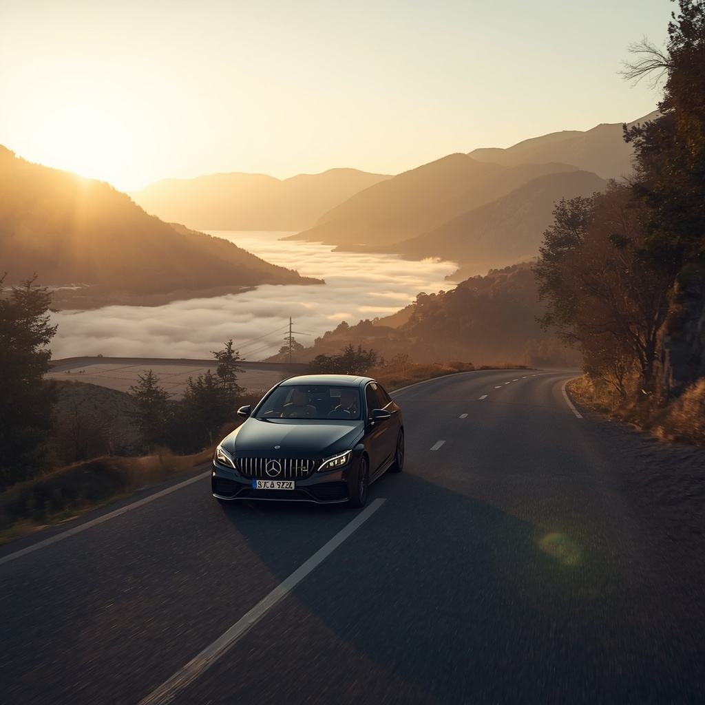 Sports car on a mountain pass road in morning fog