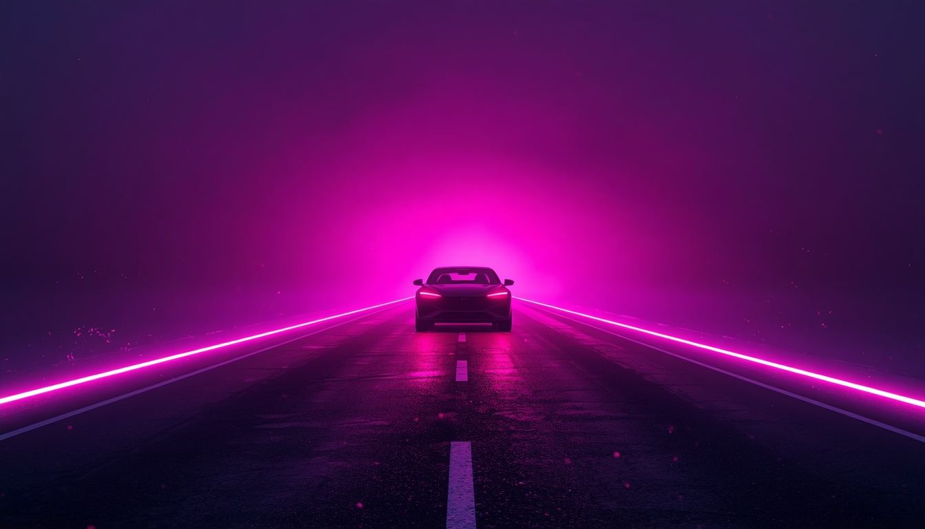 Car with headlights on a dark country road at night