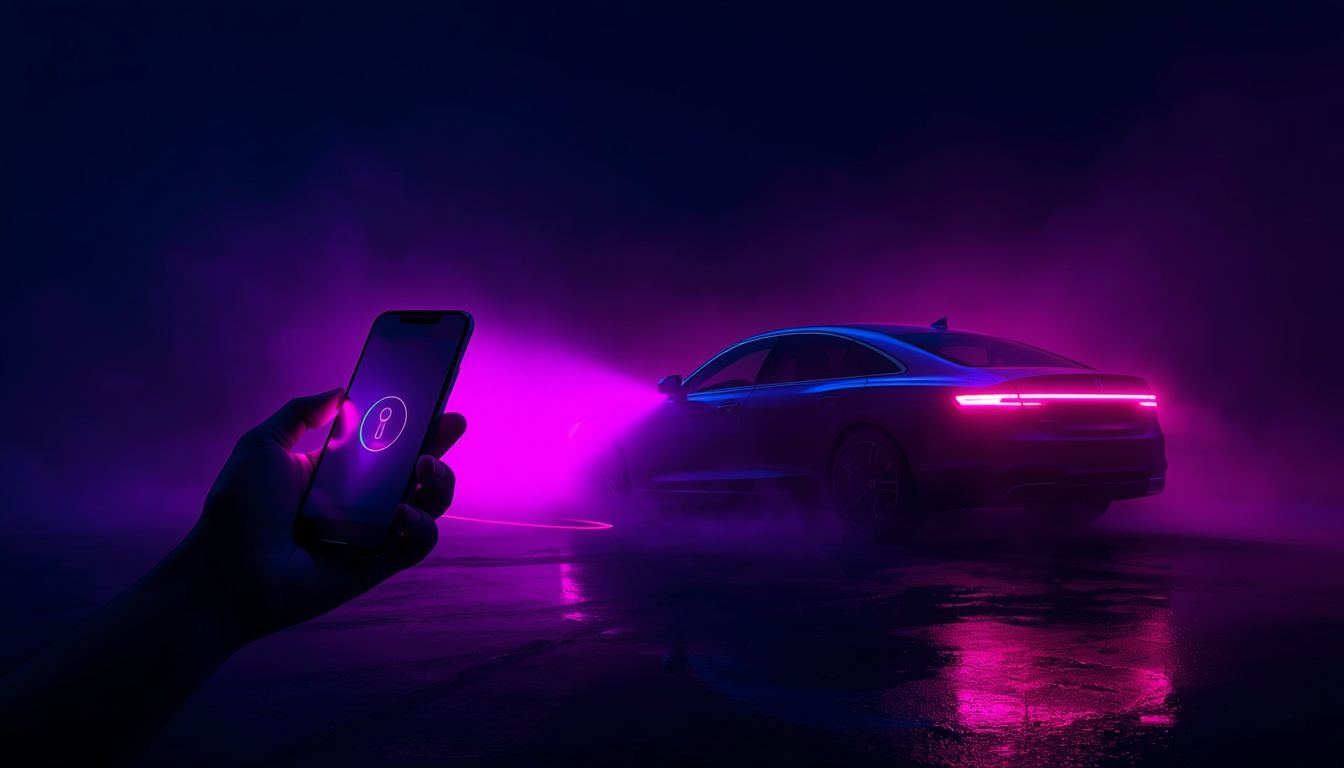 Hand hält leuchtendes Smartphone, das violettes Licht auf eine Limousine strahlt