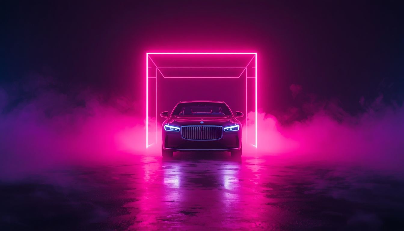 Leuchtender Neon-Schild aus Licht schützt eine Luxuslimousine