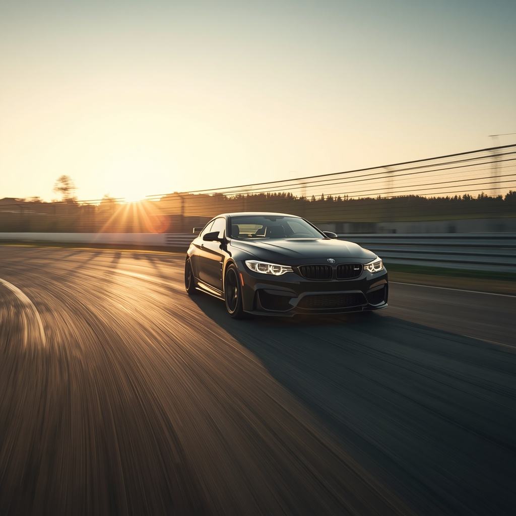 Sports car cornering hard on a racetrack