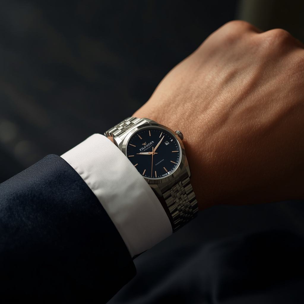 Elegante Armbanduhr am Handgelenk mit Anzugmanschette