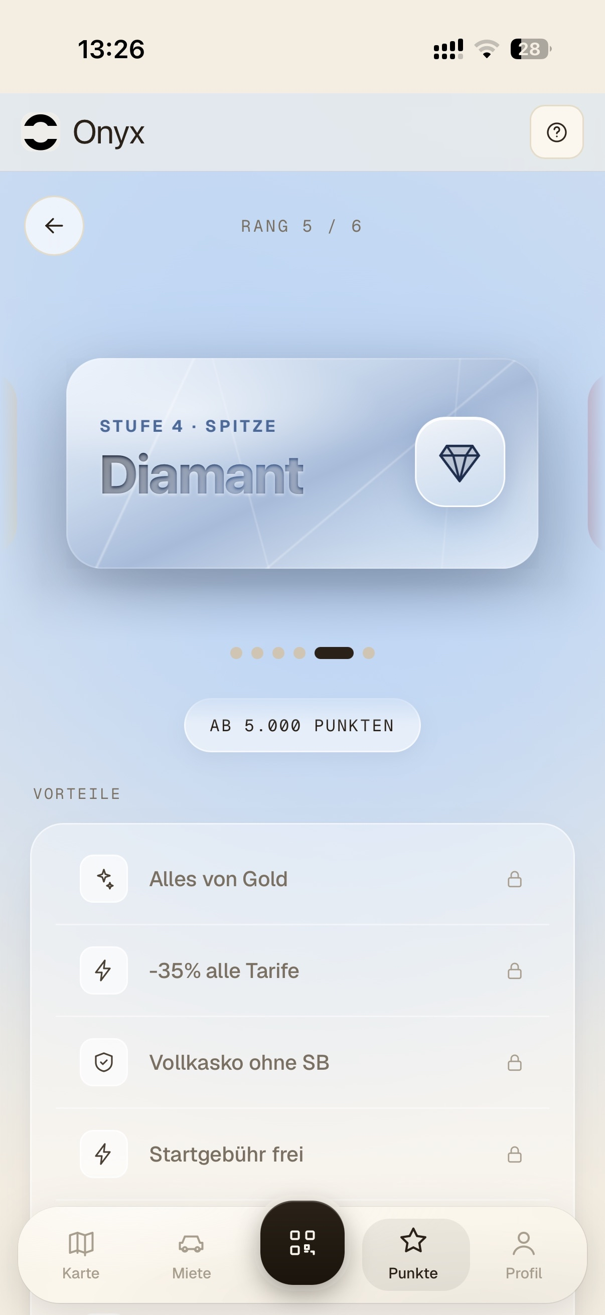 Onyx car sharing app: pricing and status view with diamond level