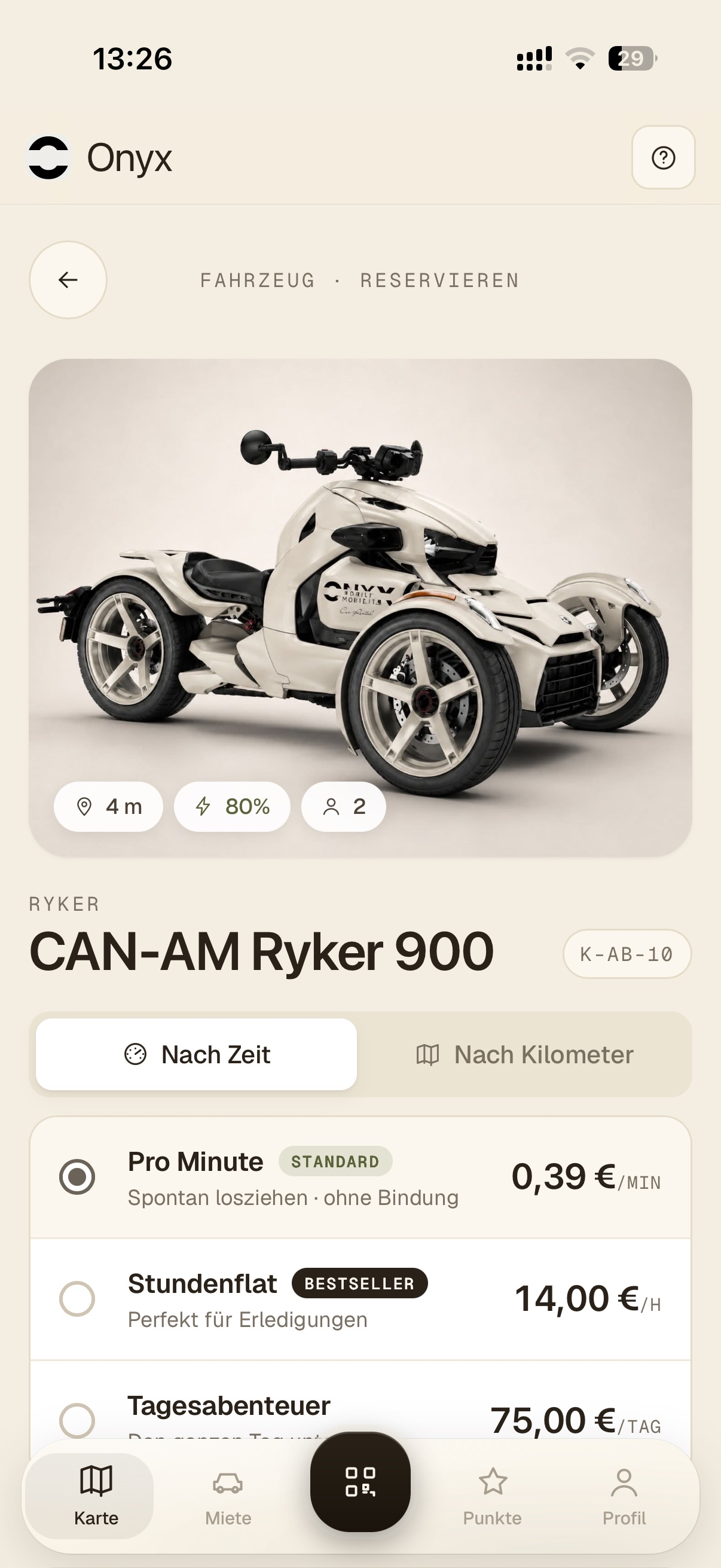 Onyx App: Fahrzeugansicht mit Tarifen