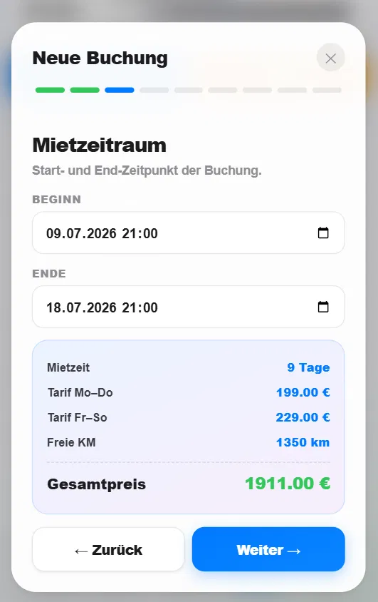 HyghFleet App: neue Buchung mit Mietzeitraum