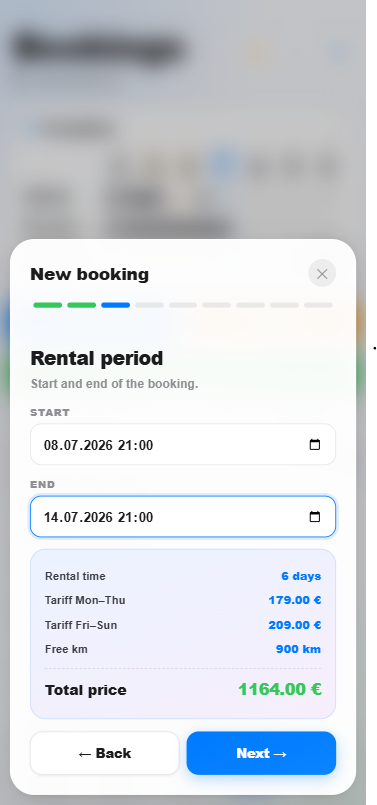 HyghFleet app: new booking with rental period